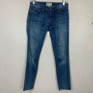 Current Elliot Straight Jeans Frayed Raw Hem Distressed Medium Wash Blue Denim